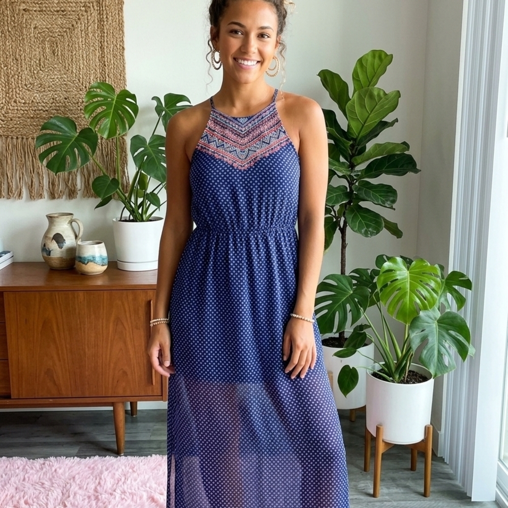 Forever 21 Navy Polka Dot Halter Maxi Dress with Pink Embroidery